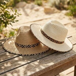 2-Tone Geometric Pattern Band Matching Brim Trim Straw Fedora Sun Hat